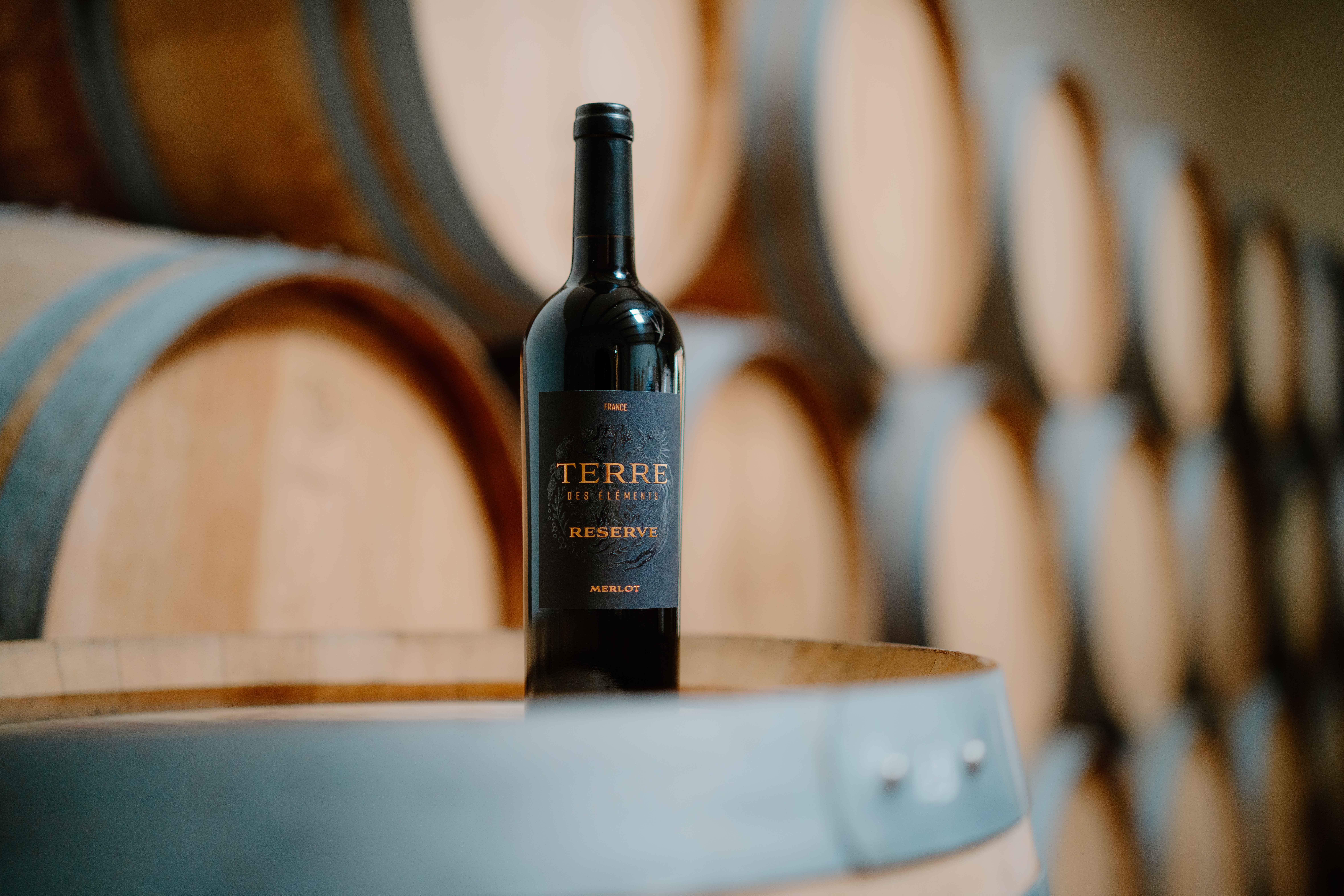 A bottle of Terre merlot wine against a background of wooden barrels